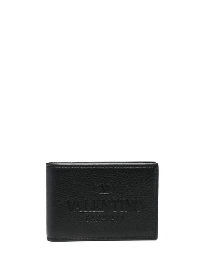 Valentino Garavani Metal Logo & Leather Billfold Wallet In 黑色