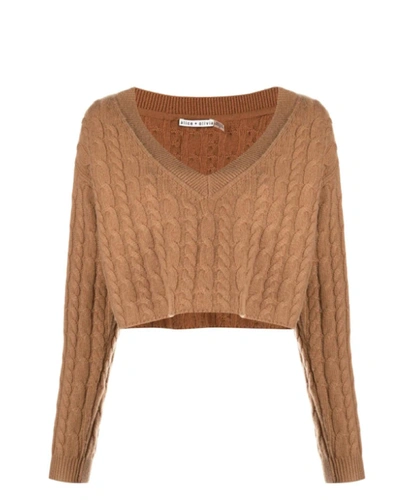 ALICE AND OLIVIA AYDEN V-NECK CABLE KNIT PULLOVER CROPPED TOP SWEATER IN CAMEL