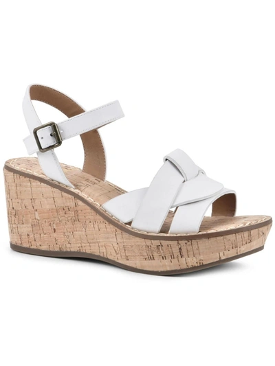 White Mountain Simple Womens Faux Leather Ankle Strap Wedge Sandals In White
