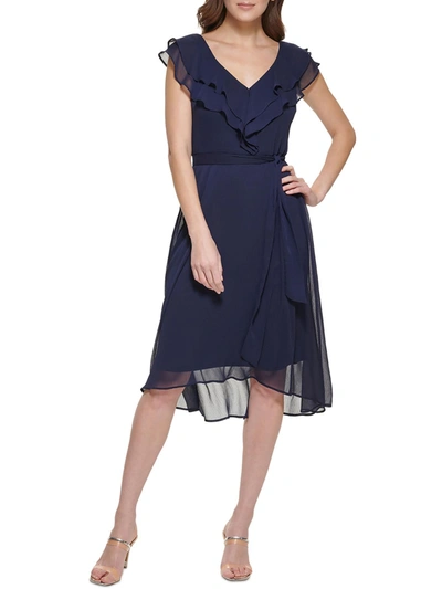 Dkny Womens Chiffon Ruffled Fit & Flare Dress In Blue