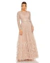 MAC DUGGAL DISC EMBELLISHED SEQUIN GOWN WITH FEATHER DETAIL