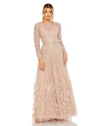 Mac Duggal Disc Embellished Sequin Gown With Feather Detail In Dusty Rose