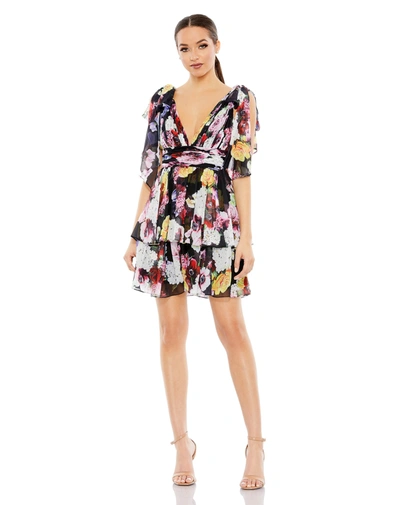 Mac Duggal Floral Print Ruffled Sleeveless Soft Tie Dress In Multi