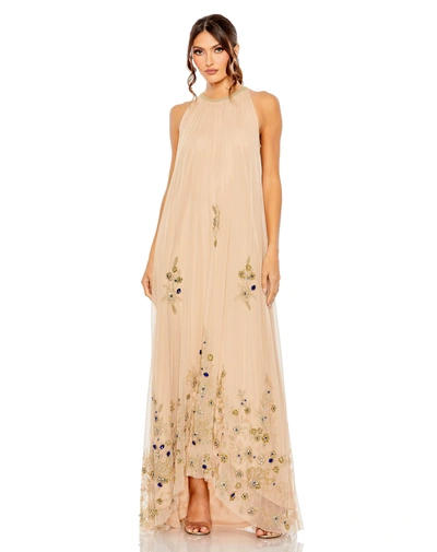 MAC DUGGAL BEIGE HIGH NECK FLORAL EMBELLISHED TRAPEZE GOWN