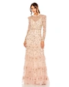 Mac Duggal High Neck Flutter Cap Long Sleeve Tiered Embellish In Blush