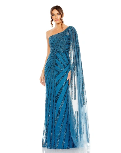 Mac Duggal One Shoulder Cape Sleeve Embellished Gown In Ocean Blue