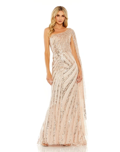 Mac Duggal One Shoulder Cape Sleeve Embellished Gown In Beige Silver