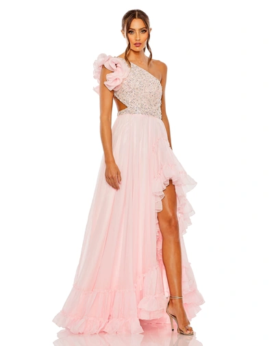 Mac Duggal Ruffled One Shoulder Embellished Lace Up Gown In Petal Pink