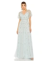 Mac Duggal V Neck Embellished Flutter Sleeve A Line Gown In Mist