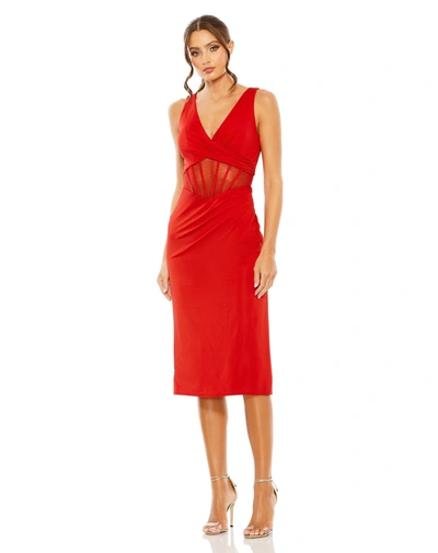 Ieena For Mac Duggal V Neck Mesh Cage Dress In Red