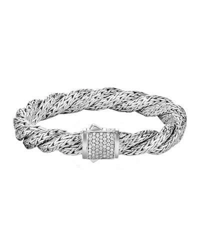 John Hardy Classic Chain Sterling Silver Medium Flat Twisted Chain Bracelet With Diamond Pave In Slvr And Dia