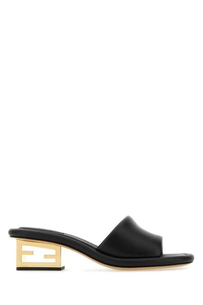 Fendi Nappa Leather Baguette Mules With Block Heel In Black