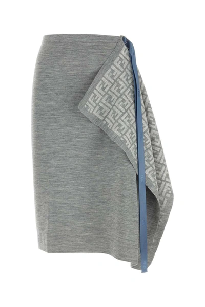 Fendi Wool Blend Skirt With Asymmetric Hem And Elasticated Waistband In Grey