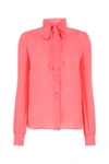 Moschino Silk Blouse With Shoulder Gatherings And Bow Collar In Pink