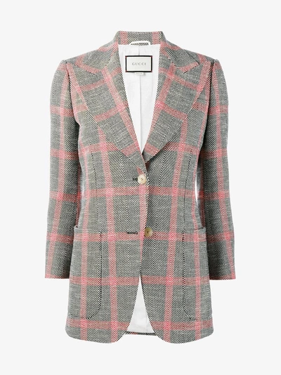 Gucci Appliquéd Checked Wool-blend Tweed Blazer In Grey