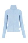 Marc Jacobs Fitted Ribbed Turtleneck Sweater With Vertical Texture In Light Blue