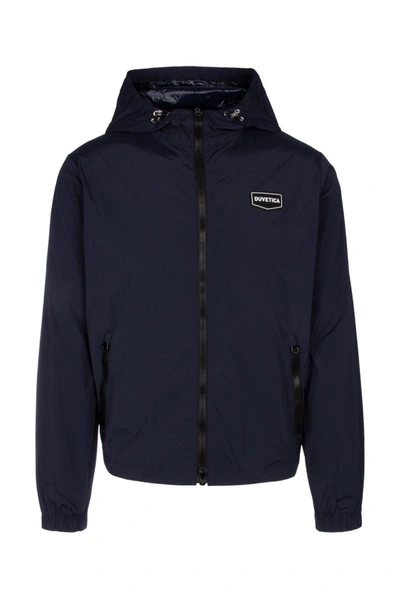 Duvetica Hooded Jacket With Elasticated Cuffs And Side Pockets In Navy