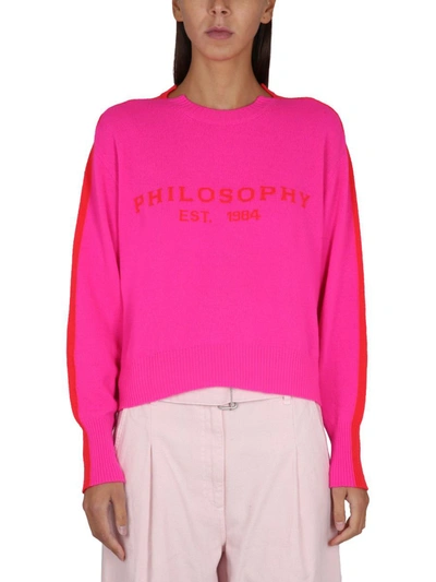 Philosophy Di Lorenzo Serafini Logo Embroidered Crew Neck Knitwear With Ribbed Cuffs In Pink