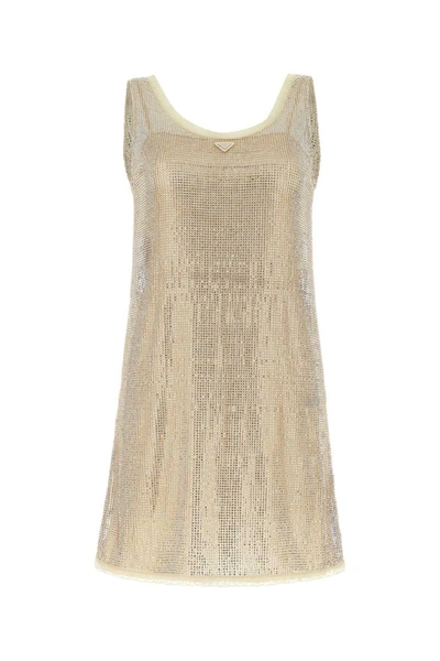 Prada Logo Plaque Embellished Sleeveless Dress In Cream