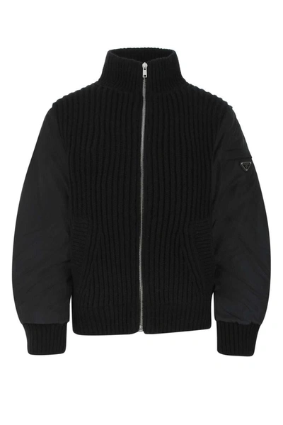 Prada Logo Plaque Zipped Jacket In Black