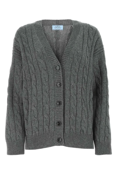 Prada Cashmere Cable Knit Cardigan In Slate Gray