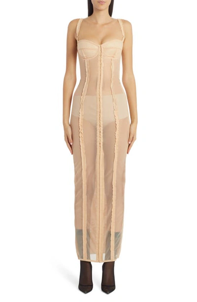 Dolce & Gabbana Sheer Ruffle Bustier Maxi Dress In Neutrals