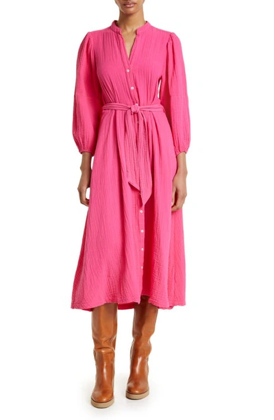 Xirena Selene Long Sleeve Cotton Gauze Midi Shirtdress In Pink Raspberry