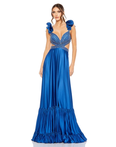 MAC DUGGAL BLUE BEADED CROSS CUT OUT RUFFLED STRAP A LINE GOWN