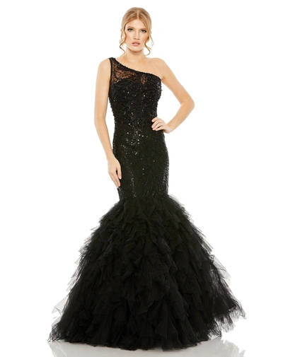 Mac Duggal Embellished One Shoulder Mermaid Gown In Black