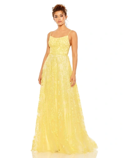 Mac Duggal Floral Applique Cami A Line Gown In Yellow