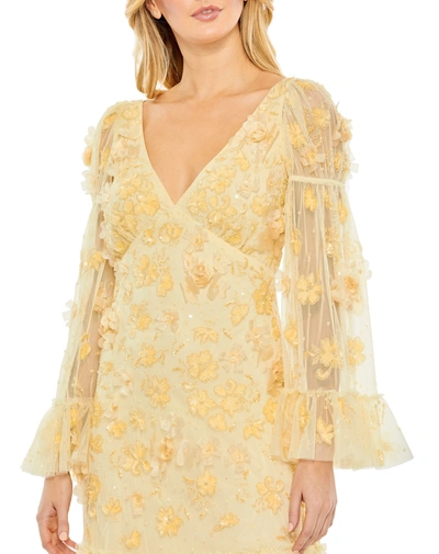 Mac Duggal Floral Embellished Long Sleeve Ruffled Hem Dress In Butter