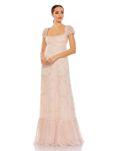 Mac Duggal Sequined Empire Wasit Puff Cap Sleeve Gown In Blush