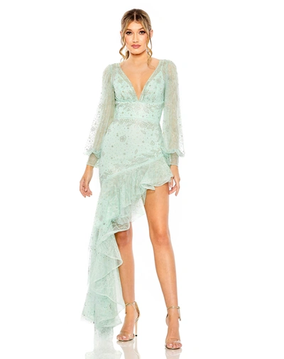 Ieena For Mac Duggal V Neck Empire Sleeve High Low Dress In Seafoam