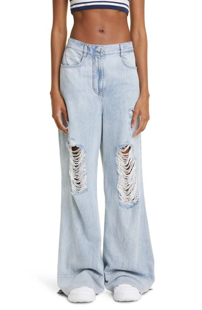 Givenchy Blue Distressed Wide Leg Jeans In Light Blue