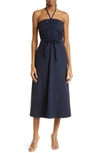 Veronica Beard Tucker Ruched Halter Midi Dress In Navy