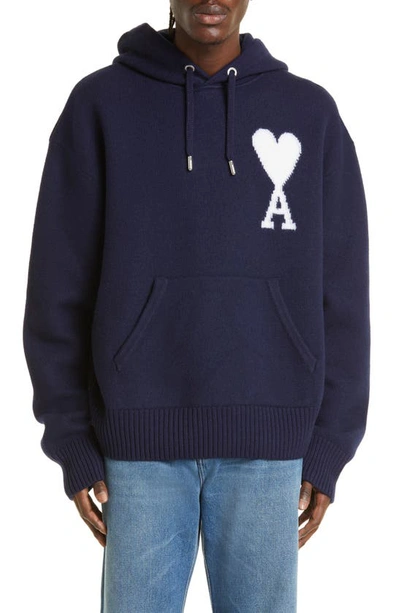 Ami Alexandre Mattiussi Gestrickter Ami De Coeur Hoodie In Nautic Blue Whitee