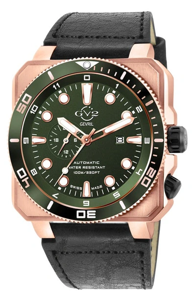 Gv2 Xo Submarine Automatic Swiss Leather Strap Watch, 44mm In Green