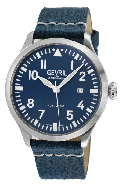 Gevril Vaughn Swiss Automatic Leather Strap Watch, 44mm In Blue