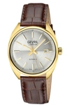 GEVRIL GEVRIL FIVE POINTS SWISS AUTOMATIC CROC EMBOSSED LEATHER STRAP WATCH, 40MM