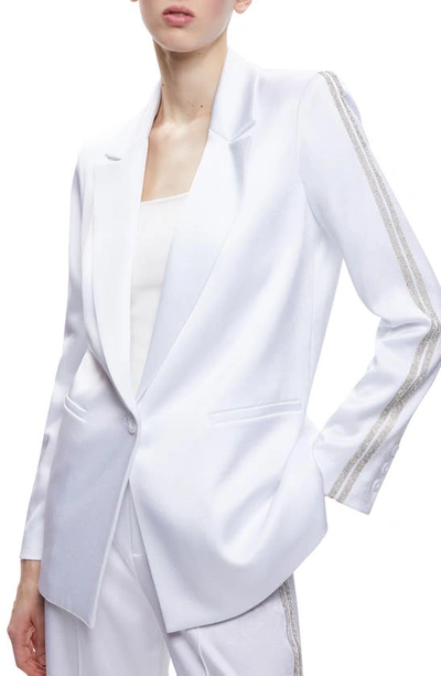 Alice And Olivia Denny Satin Blazer With Crystal Trim In White Crystal Trim