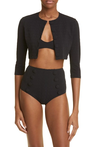 Lisa Marie Fernandez Crop Seersucker Cover-up Cardigan In Black