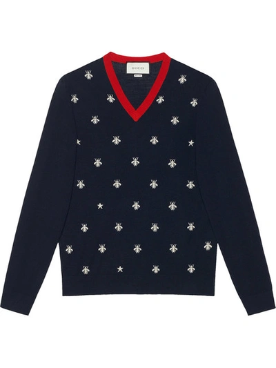 Gucci Wool V-neck With Bees And Stars In Blue