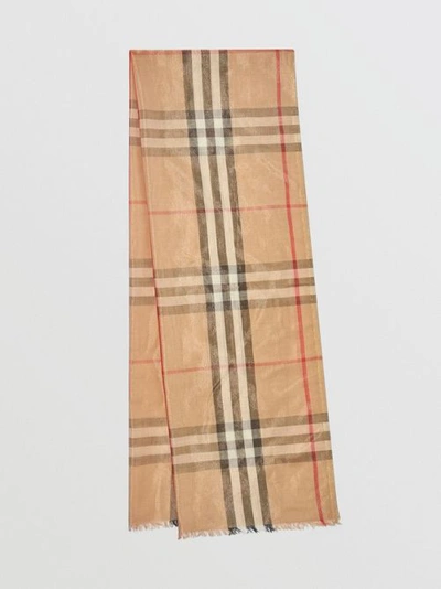 Burberry Metallic Check Silk And Wool Scarf In Camel/gold