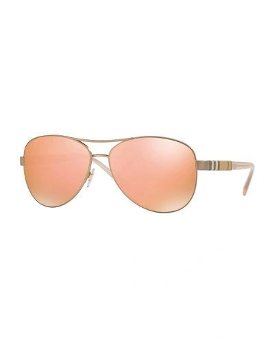 Burberry Mirrored Steel Aviator Sunglasses In Brown Mirror Rose Gold