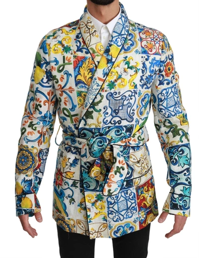 Dolce & Gabbana Majolica Brocade Linen Dressing Gown Coat Jacket In Multicolor