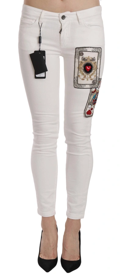 Dolce & Gabbana Queen Of Hearts Crystal Skinny Jeans In White