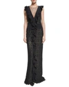 MONIQUE LHUILLIER GUIPURE LACE ILLUSION RUFFLE GOWN, BLACK,PROD199860193