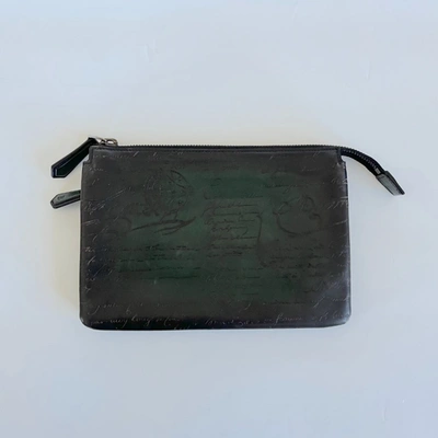 Pre-owned Berluti Green/black Script Top Zip Rectangle Pouch In Default Title