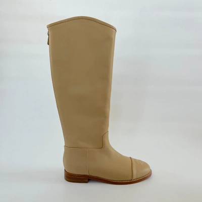 Pre-owned Chanel Tan Leather Knee High Boots With Cc Stitch Detail, 39c In Default Title