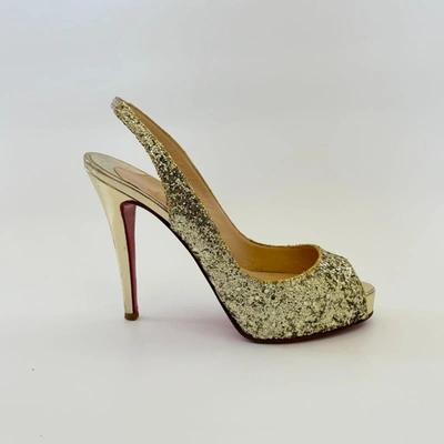 Pre-owned Christian Louboutin Gold Glitter Peep Toe Sling Back Pumps, 37.5 In Default Title